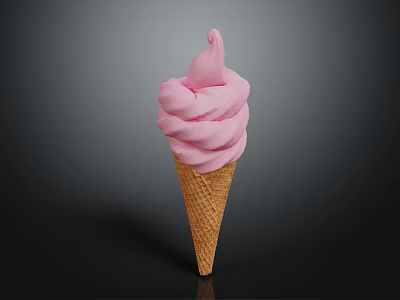 Sweet Pink Fluffy Ice Cream In Crispy Waffle Cone With Swirled Top 3d model