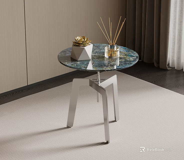 Round Marble Top Side Table With Silver Metal Frame On Carpet And Curtain Background 3d model 