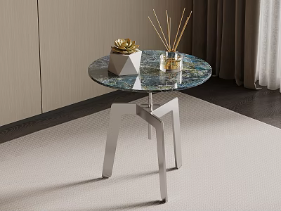 Round Marble Top Side Table With Silver Metal Frame On Carpet And Curtain Background 3d model