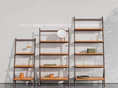 Elegant Modern Bookcases With Open Wooden Shelves And Decorative Items 3d model