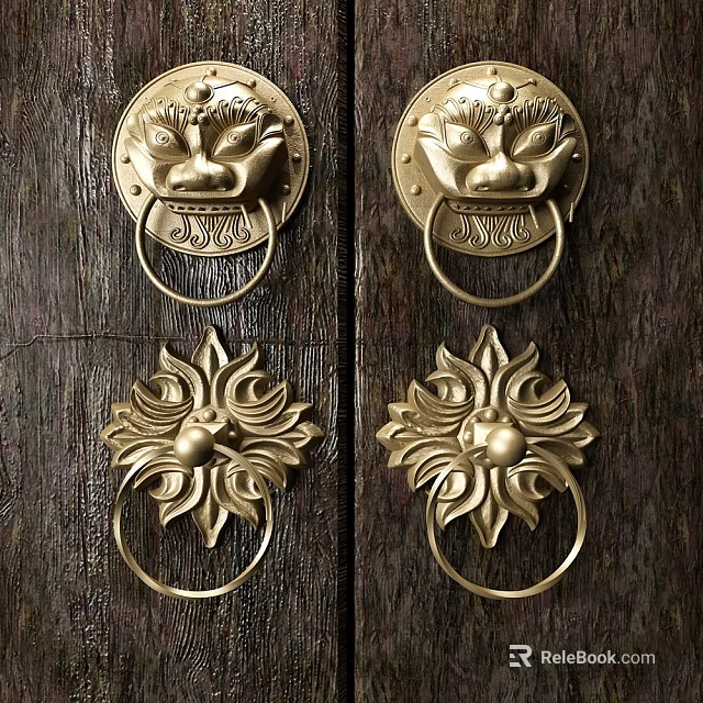 Ornate Brass Door Knockers With Lion Head And Floral Designs On Dark Wooden Door 3d model 