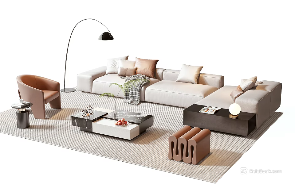 Modern Beige Sofa And Coffee Table Set With Throw Pillows Floor Lamp And Accent Chair 3d model 