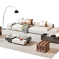 Modern Beige Sofa And Coffee Table Set With Throw Pillows Floor Lamp And Accent Chair