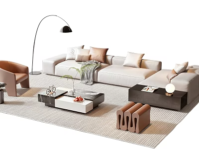 Modern Beige Sofa And Coffee Table Set With Throw Pillows Floor Lamp And Accent Chair 3d model