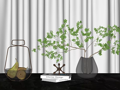Decorative Ornament Set Featuring Clear Lantern Pears Sculpture Book Gray Vase Green Branches 3d model