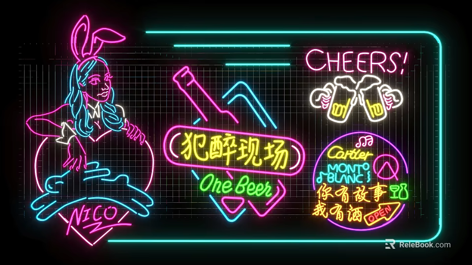 Neon Decorative Lights With Rabbit Ear Design Beer Bottle Motif Cheers Lettering Vibrant Bar Scene 3d model 