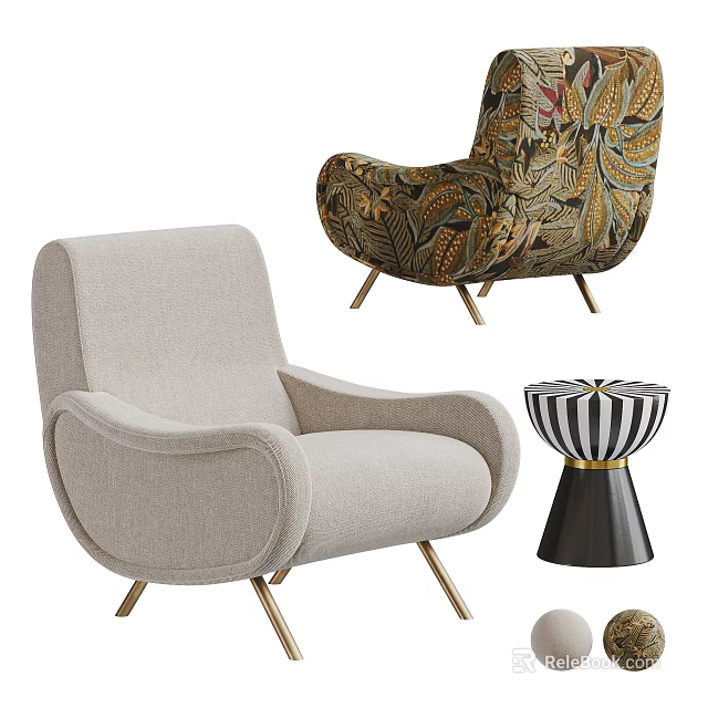 Modern Upholstered Leisure Chairs With Curved Arms Floral Prints And Metal Legs Accent Table 3d model 