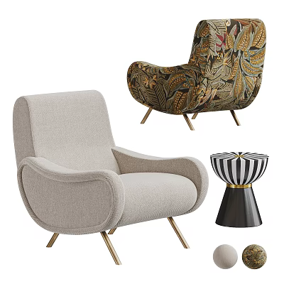 Modern Upholstered Leisure Chairs With Curved Arms Floral Prints And Metal Legs Accent Table 3d model