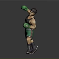 Man In Boxing Stance Wearing Green Gloves Black Tank Top Green Shorts And Purple Boots