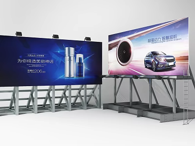 Outdoor Advertising Billboard Displaying Car And Skincare Bottles With Blue Background 3d model
