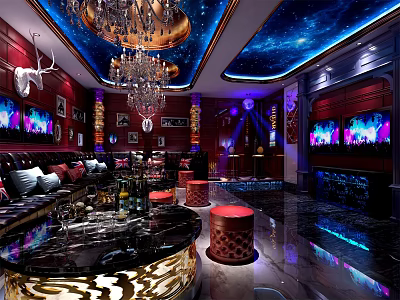 Luxury Modern KTV Interior Design With Starry Ceiling Chandelier Sofas TV Screens And Bar Counter 3d model