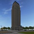 Modern High Rise Office Building With Glass Facade And Grand Entrance Surrounded By Trees