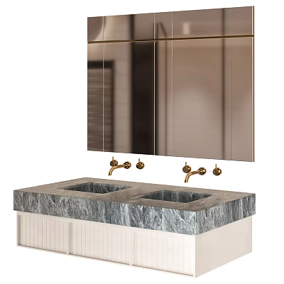 Bathroom Vanity With Marble Countertop Double Sink Gold Faucets White Cabinets And Mirror 3d model