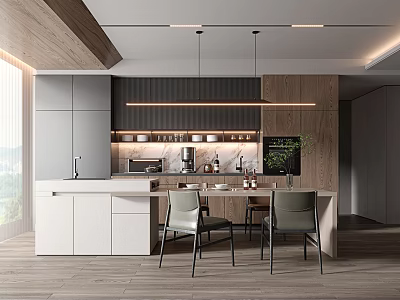 Modern Kitchen Dining Area With Gray Wooden Cabinets Island Pendant Lights And Window View 3d model