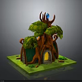 Cartoon Treehouse Building Featuring Tree Trunk Structure Green Leaves Red Antler Decor And Blue Orb