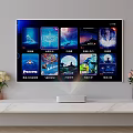 Wall Mounted Smart TV Displaying Streaming Content on Marble TV Stand with Flower Vases