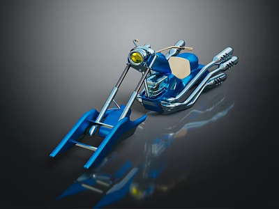 Blue Motorcycle With Long Front Fork Chrome Accents And Yellow Headlight 3d model