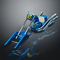 Blue Motorcycle With Long Front Fork Chrome Accents And Yellow Headlight