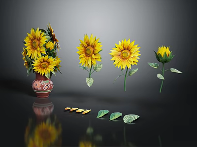 Patterned Vase With Blooming Sunflowers Single Stems And Bud On Dark Background 3d model