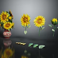 Patterned Vase With Blooming Sunflowers Single Stems And Bud On Dark Background 3d model