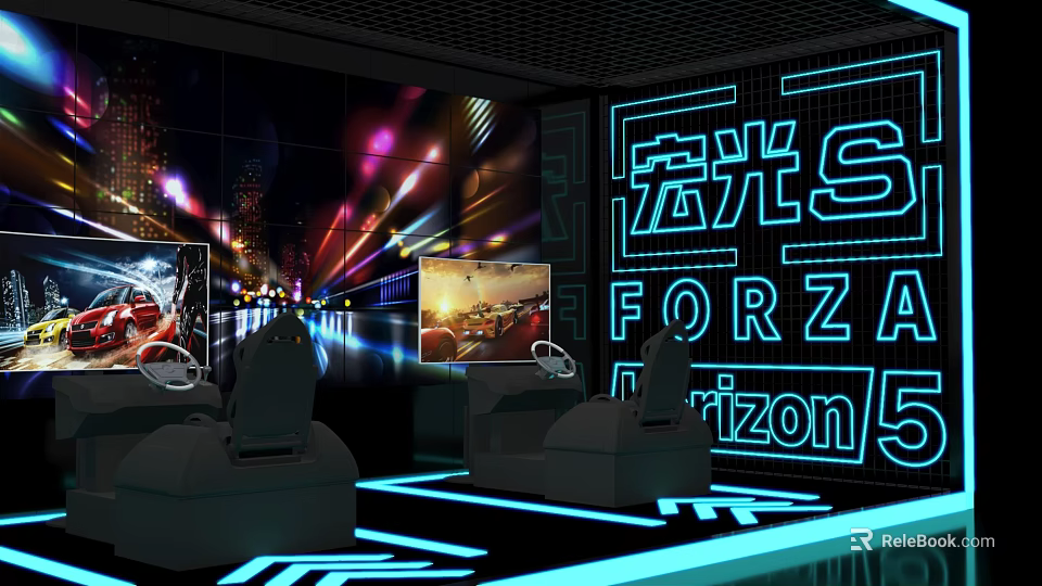 Immersive Gaming Setup With Forza Horizon 5 Hongguang S Racing Simulator And Neon Lights 3d model 