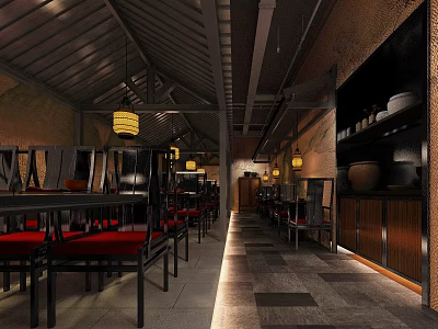 Traditional Chinese Restaurant Interior With Hanging Lanterns Long Tables Red Seats And Wooden Decor 3d model