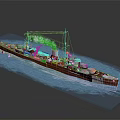 Red Vintage Steam-powered Warship Sailing on Water with Smokestack Emitting White Smoke and Turrets