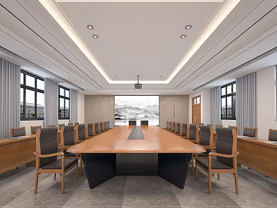 Modern Conference Room With Long Wooden Table Wooden Chairs Large Screen And Ceiling Lighting 3d model