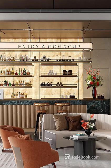 Elegant Sales Office Interior With Wine Shelves Marble Backdrop Bar Counter Bar Stools And Sofa 3d model 