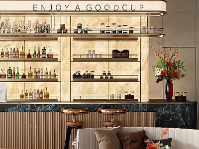 Elegant Sales Office Interior With Wine Shelves Marble Backdrop Bar Counter Bar Stools And Sofa 3d model