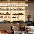 Elegant Sales Office Interior With Wine Shelves Marble Backdrop Bar Counter Bar Stools And Sofa