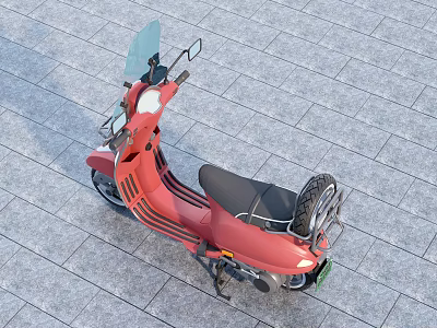 Red Scooter With Windshield And Black Seat On Gray Paved Surface 3d model