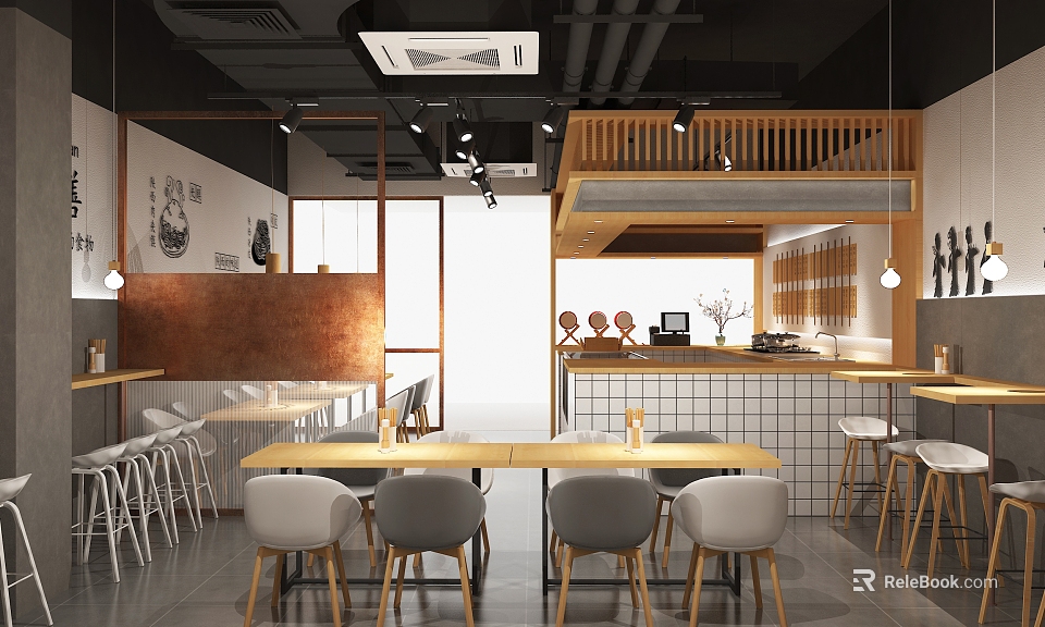 Modern Industrial Restaurant Interior With Wooden Tables Chairs Bar Counter And Pendant Lights 3d model 