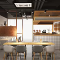 Modern Industrial Restaurant Interior With Wooden Tables Chairs Bar Counter And Pendant Lights