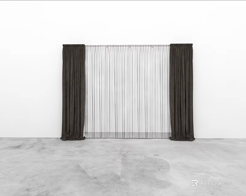 Dark Thick Curtains With Sheer Middle Panel In Minimalist White Room 3d model