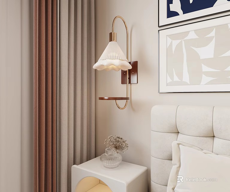 Modern Elegant Wall Lamp With Pleated Lampshade Golden Bracket In Bedroom Interior Curtain Nightstand Vase 3d model 