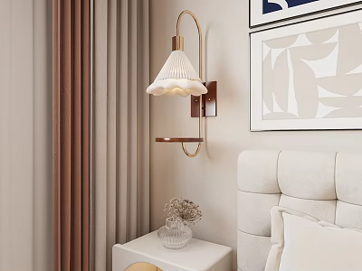 Modern Elegant Wall Lamp With Pleated Lampshade Golden Bracket In Bedroom Interior Curtain Nightstand Vase 3d model