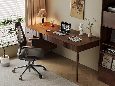 Cozy Home Office Interior With Wooden Desk Office Chair Laptop Table Lamp And Potted Plant 3d model