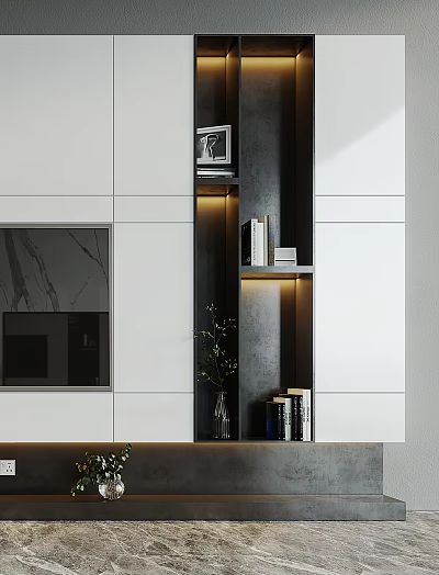 Modern TV Entertainment Center Design With Open Shelves And Decorative Plants 3d model