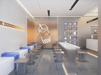 Modern Bubble Tea Shop Interior With Stylish Counter Seating And Drink Logo Decor 3d model