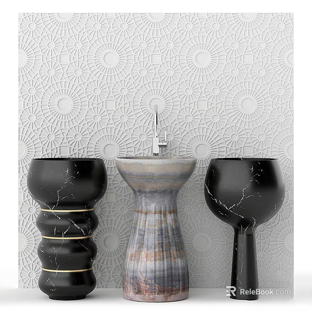Elegant Modern Washbasin With Black Marble Pillars And Textured White Wall 3d model 