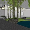 Modern Garden Landscape With Glass Curtain Walls Trees And Open Courtyard Paving