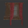 Wooden Window Style Decorative Cabinet With Lattice Design And Red Curtains