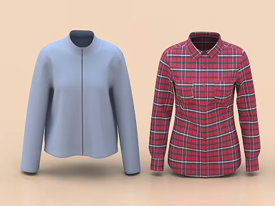 Two Different Style Clothes Light Blue Jacket And Red Plaid Shirt 3d model