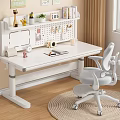 Modern Adjustable Desk with Storage Shelf Green Plant Trophy and Ergonomic Chair in Home Office