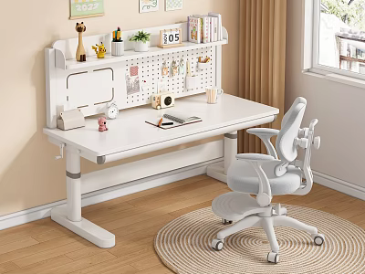 Modern Adjustable Desk with Storage Shelf Green Plant Trophy and Ergonomic Chair in Home Office 3d model