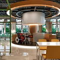 Modern Restaurant Interior With Circular Ceiling Drum Set And Colorful Chairs 3d model
