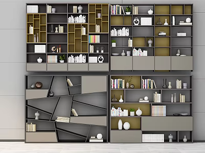 Modern Contemporary Bookcase Design With Multi Layered Shelves Books And Decorative Items 3d model