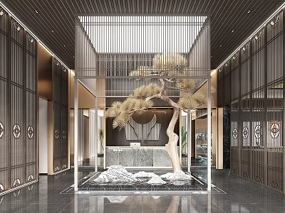 Elegant Hotel Lobby Interior Featuring Central Pine Tree Landscape And Lattice Ceiling Design 3d model