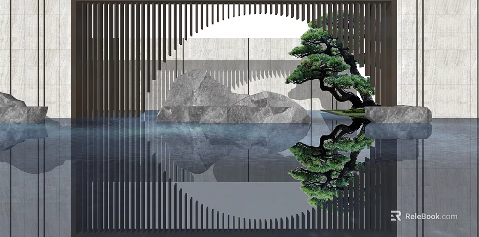 Scenic Wall Design With Wooden Slats Rock Formations Pine Tree And Water Reflection 3d model 